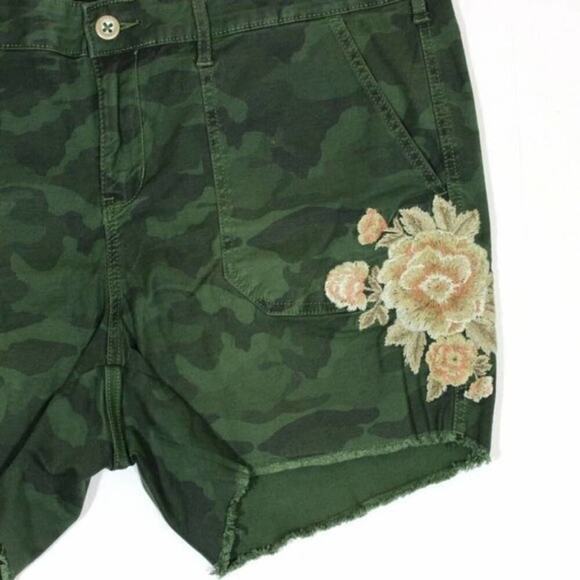 Torrid Olive Green Camouflage Embroidered Floral Frayed Hem Shorts - Picture 7 of 9